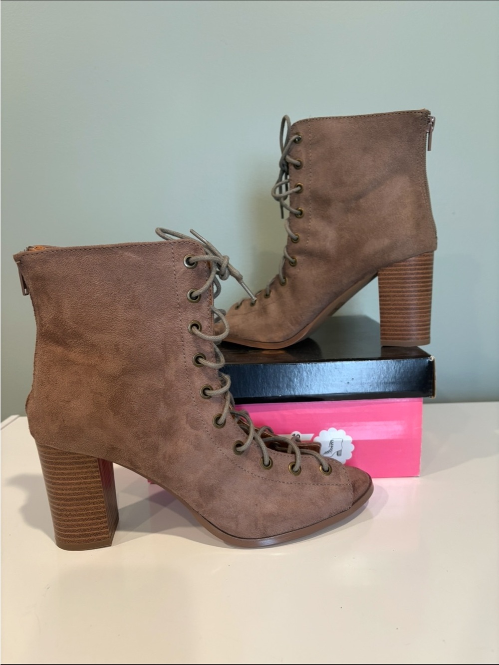Taupe Lace-Up Block Heel Ankle Boots